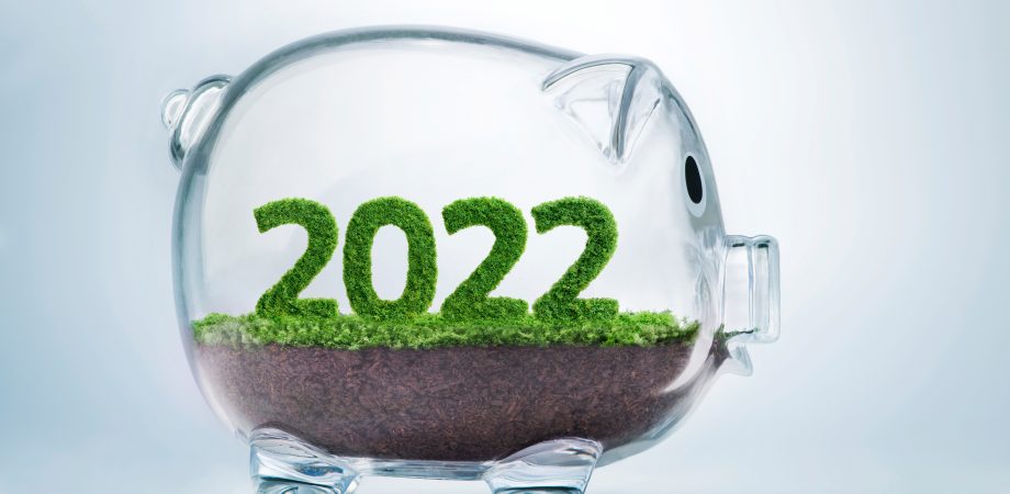 2022 is a good year for business. Grass growing in the shape of year 2022, inside a transparent piggy bank.