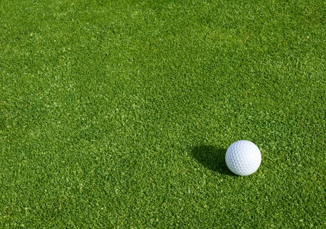 Side view of golf ball on a putting green