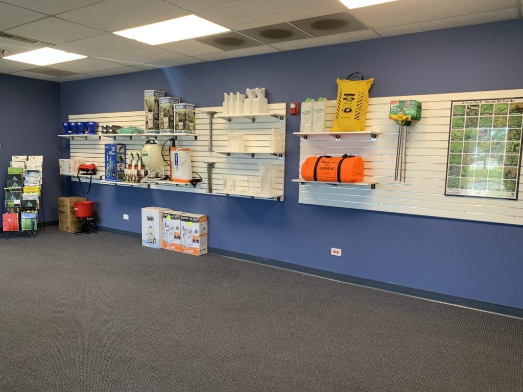 showroom with blue walls