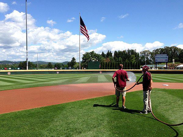 two gentleman watering the field