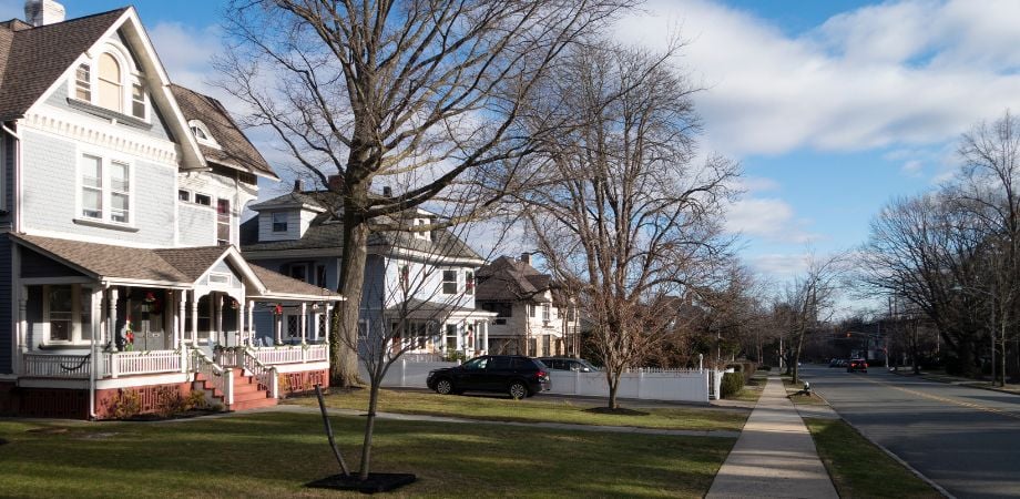 Lawns and houses and trees with no leaves